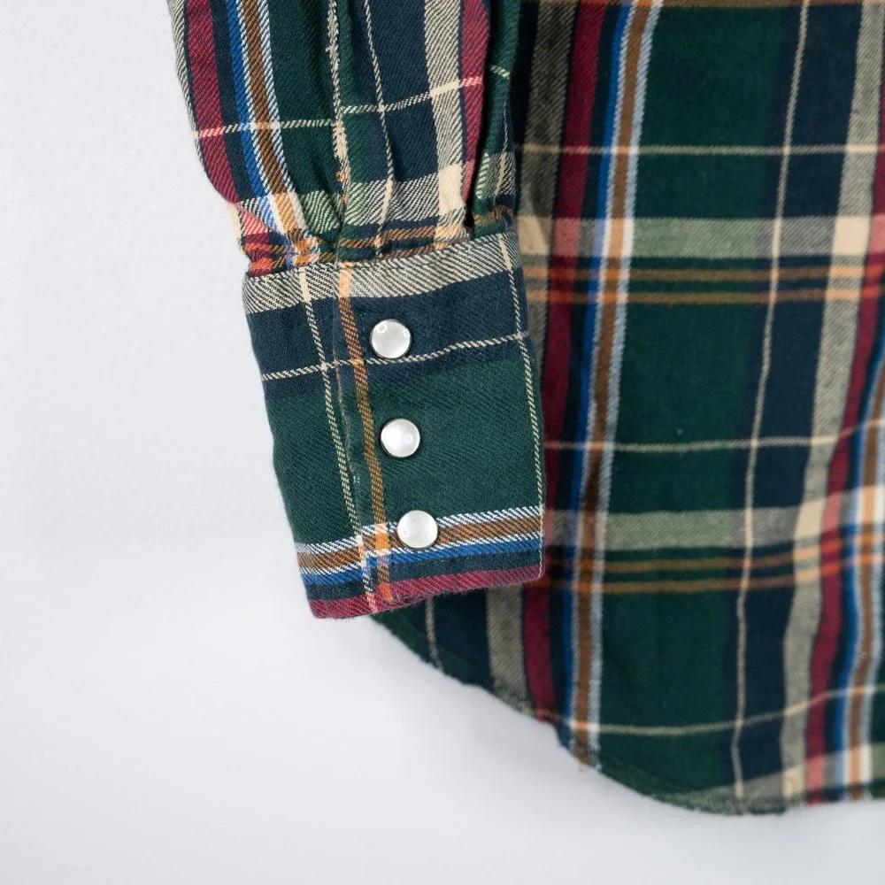 Vintage Wrangler Western Flannel Shirt Mens Medium Green Plaid‎ Pearl Snap Yoke